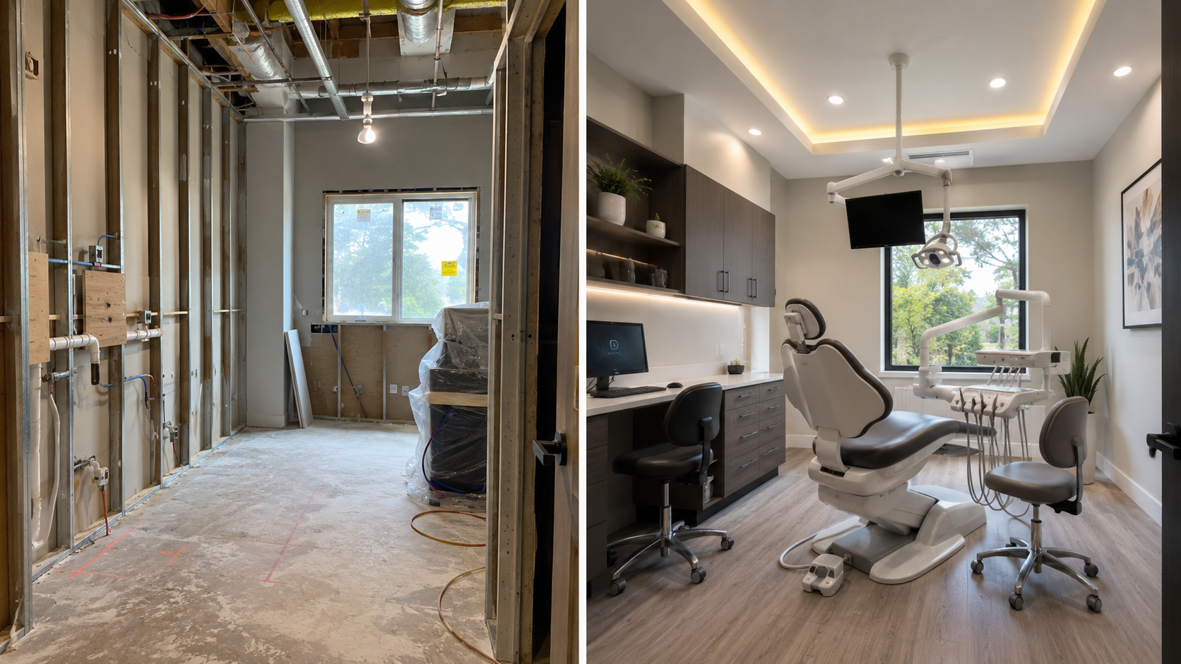 Dental office renovation before and after showcasing modern clinic construction and remodeling solutions.