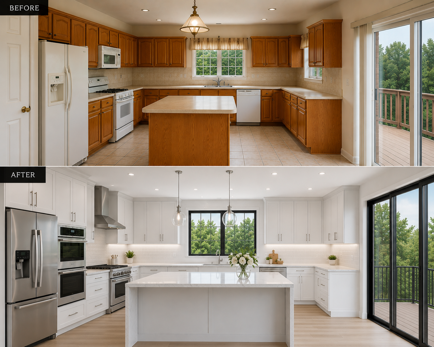 Before and after kitchen renovation showcasing custom cabinetry and modern kitchen design by BCT Contractors.