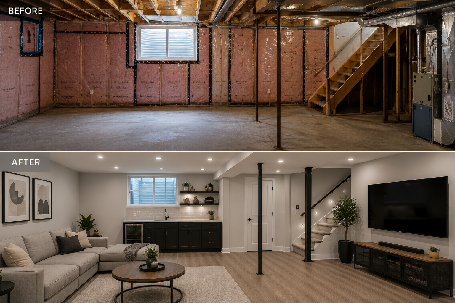 Before and after basement renovation showcasing custom layouts and modern remodeling solutions by BCT Contractors.