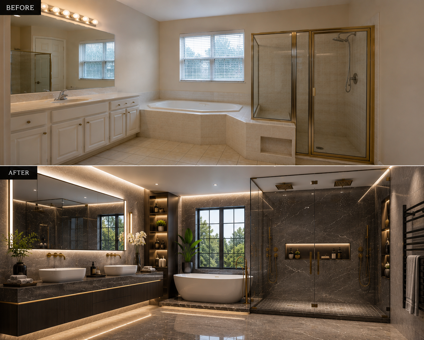Luxury bathroom renovation before and after showcasing custom vanities, modern tile, and premium finishes by BCT Contractors.