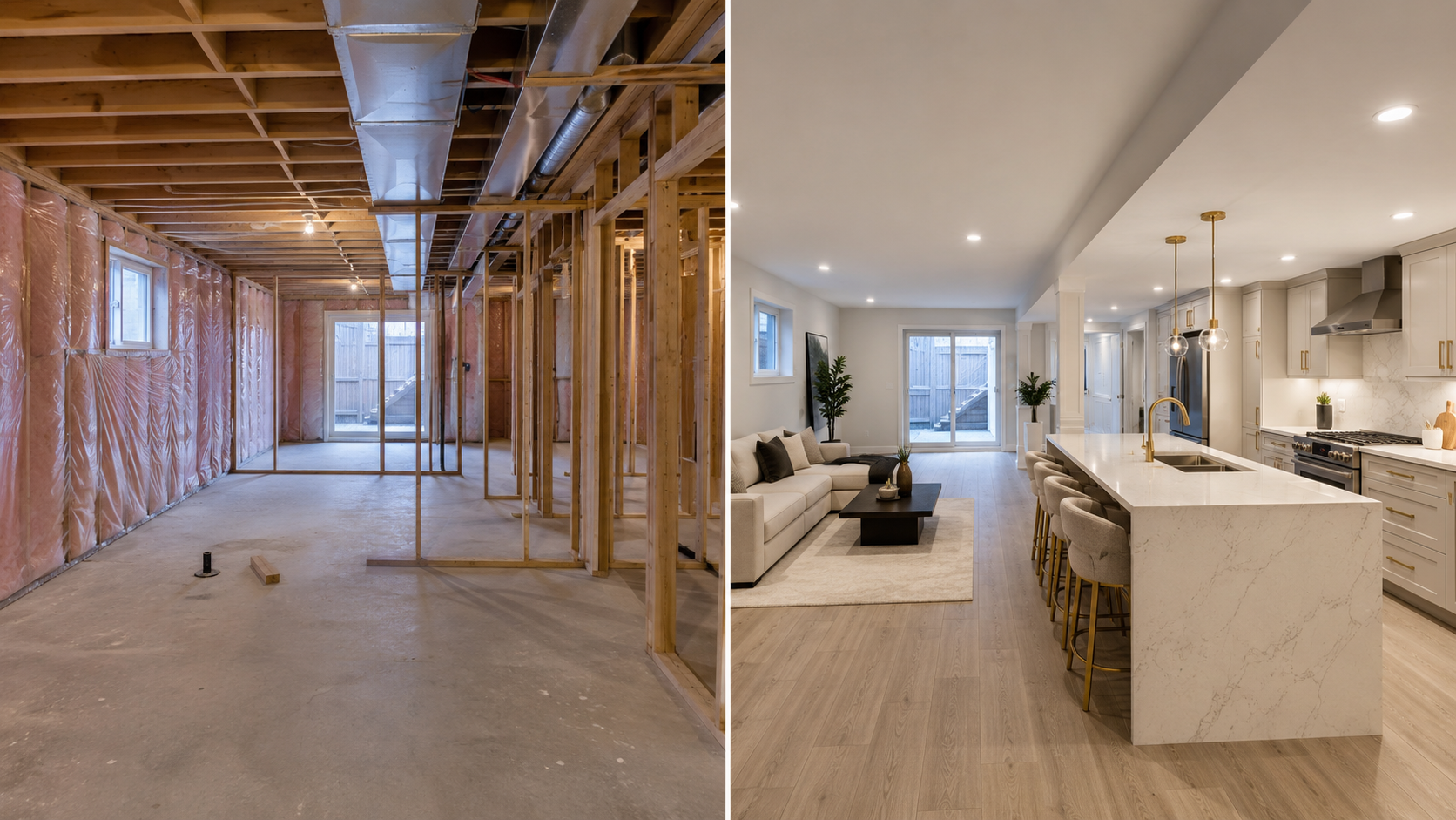 Before and after of unfinished basement renovation showcasing modern finished basement design by BCT Contractors.