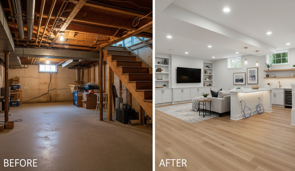 Basement renovation before and after showcasing transformation into living space with kitchen and entertainment area.