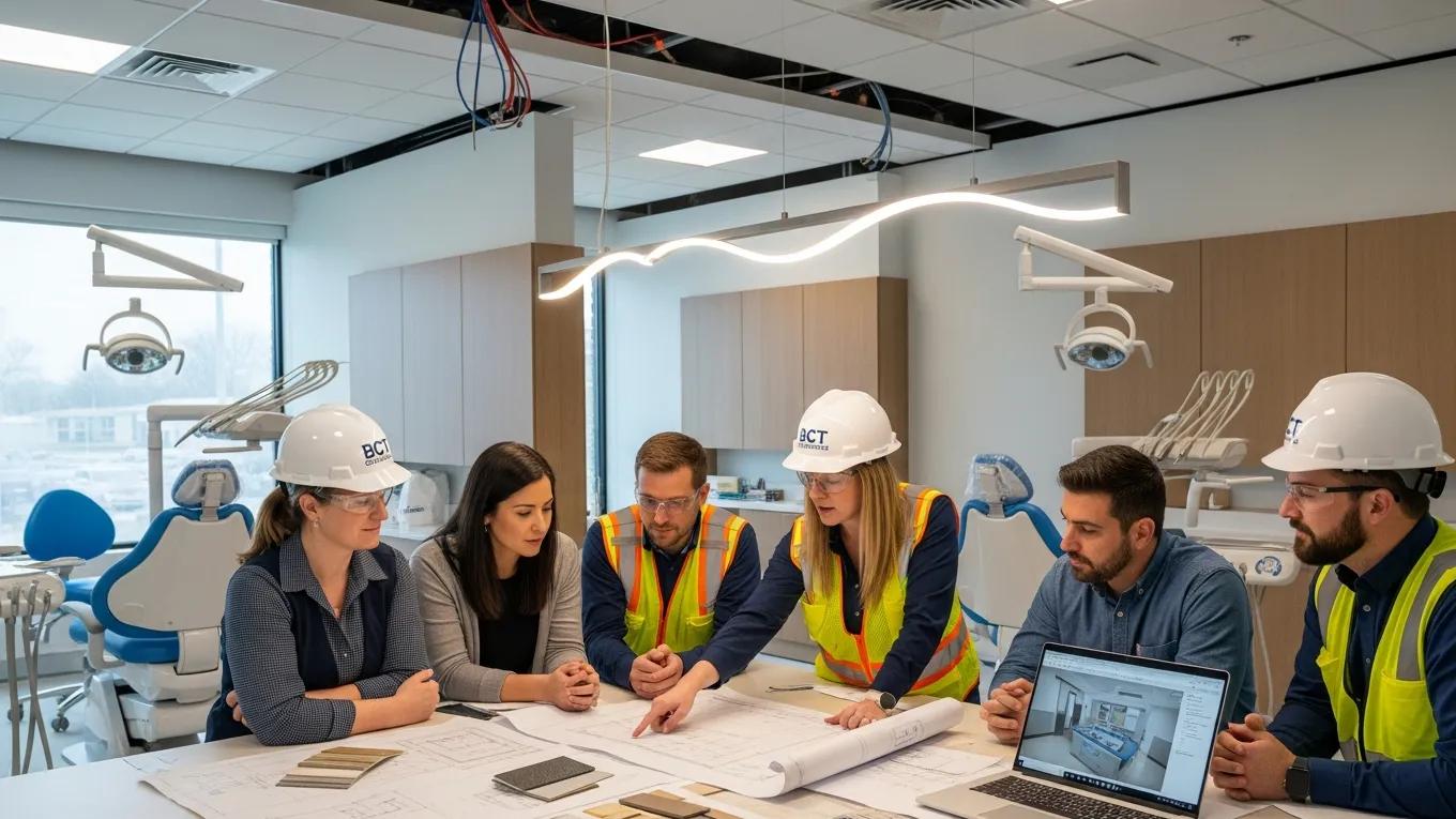 BCT Contractors team reviewing dental office construction plans for compliance