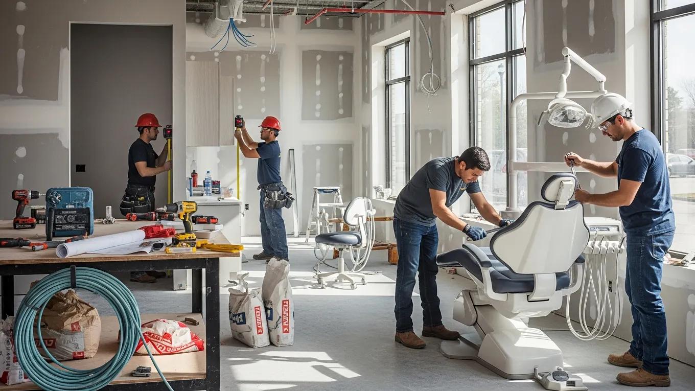 Construction team actively renovating a dental office with tools and equipment
