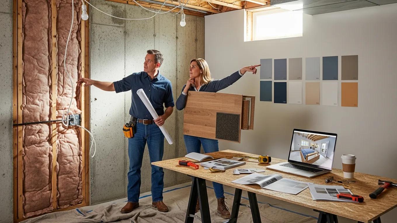 Contractor and homeowner discussing basement renovation plans with materials