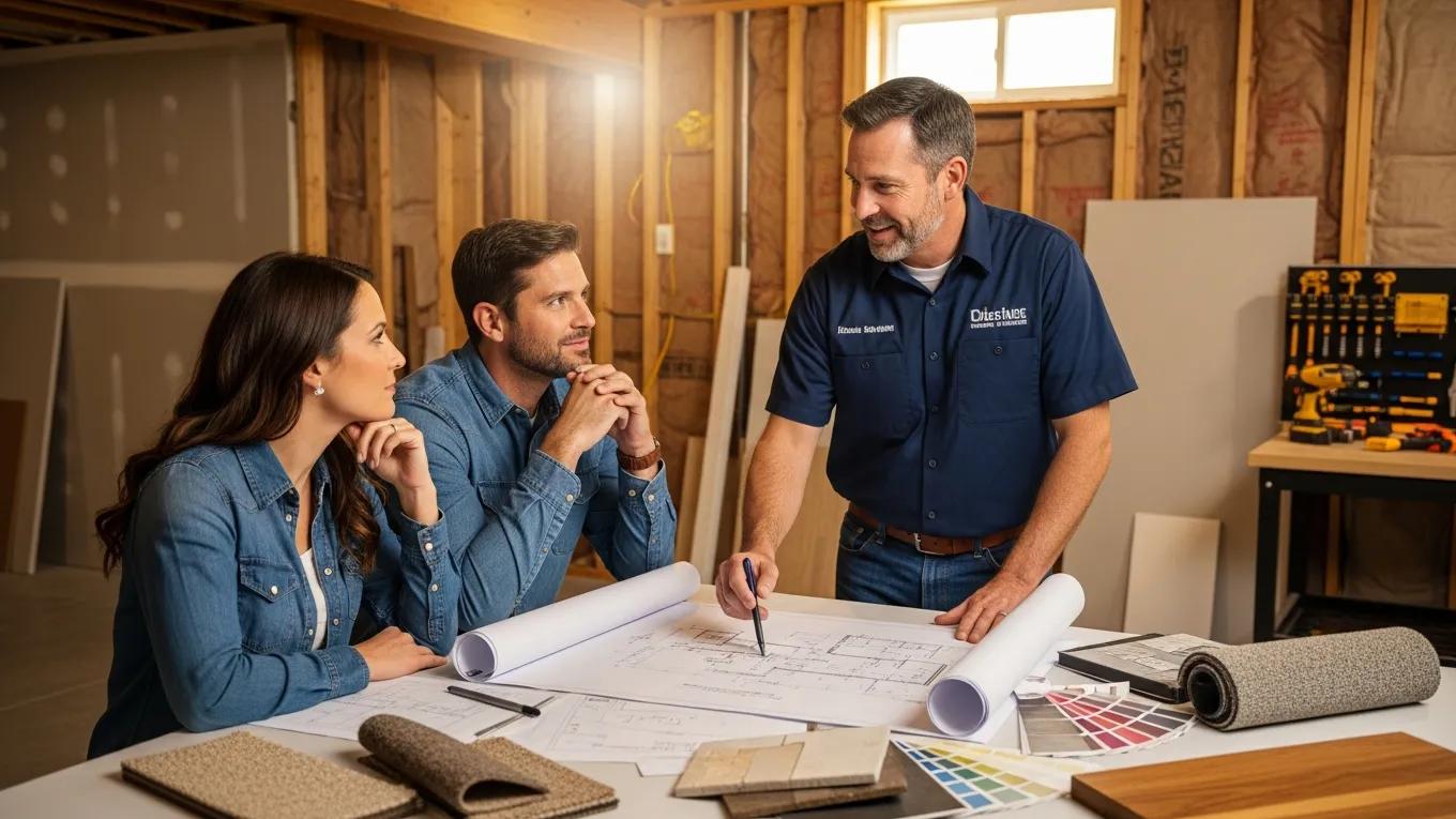 Contractor consulting with homeowners on basement remodeling plans