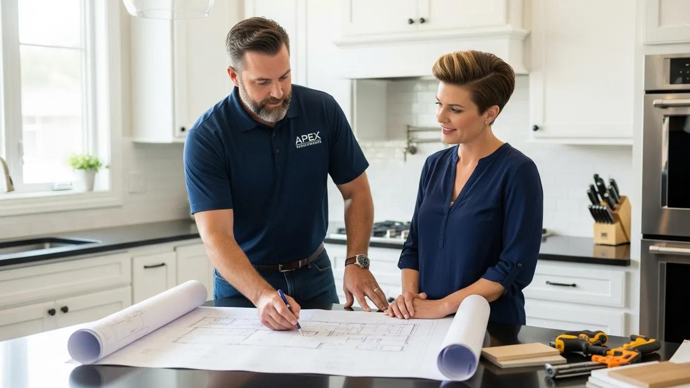 Contractor discussing kitchen renovation plans with homeowner