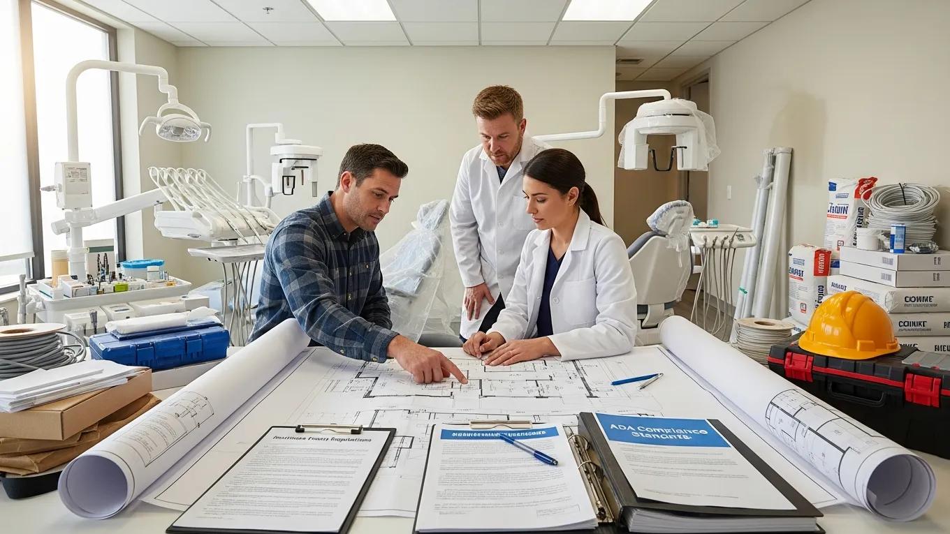 Contractor discussing renovation plans with dental professionals in a dental clinic