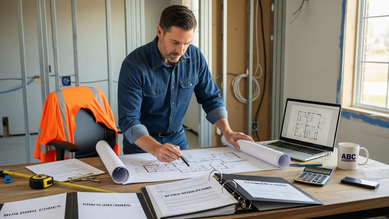 Contractor reviewing blueprints for dental office compliance with Ontario building codes