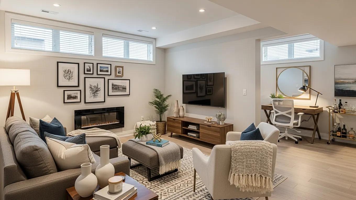 Cozy finished basement in Ontario showcasing modern design and functionality