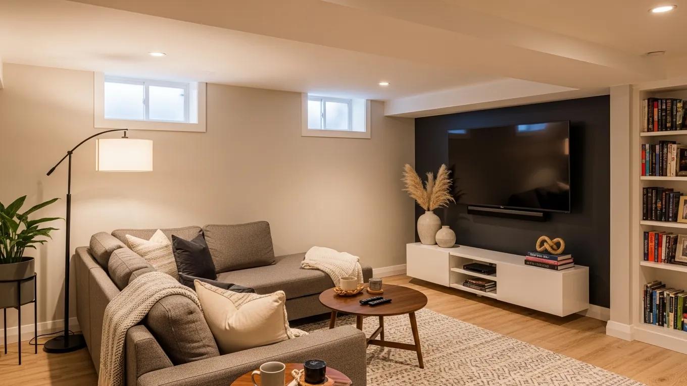 Cozy finished basement showcasing modern design and renovation potential