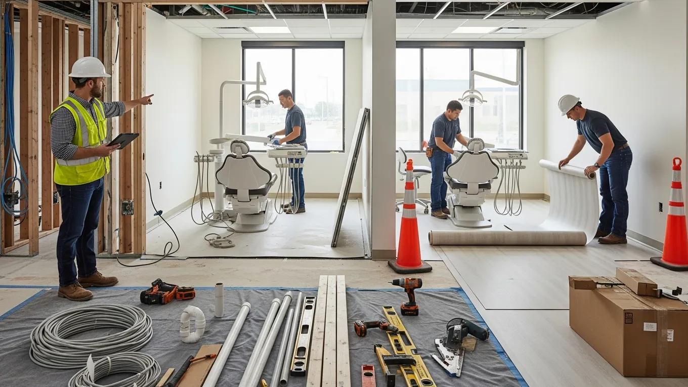 Dental office construction scene with contractors and workers in a modern practice
