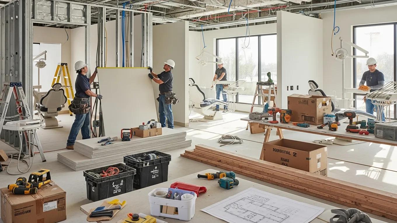 Dental office construction site with workers and materials, emphasizing the building process