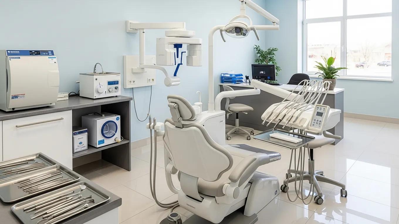 Essential dental office equipment including chairs and X-ray machines in a professional setting