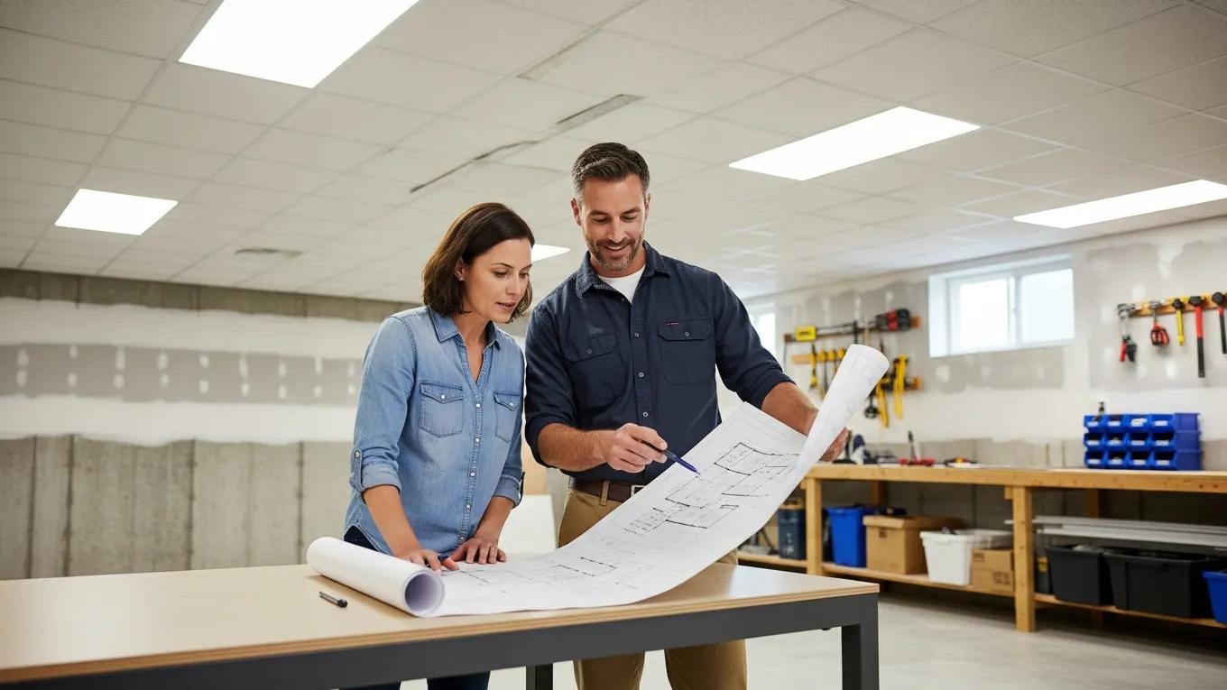 Homeowner consulting with a contractor about basement finishing options in Ontario