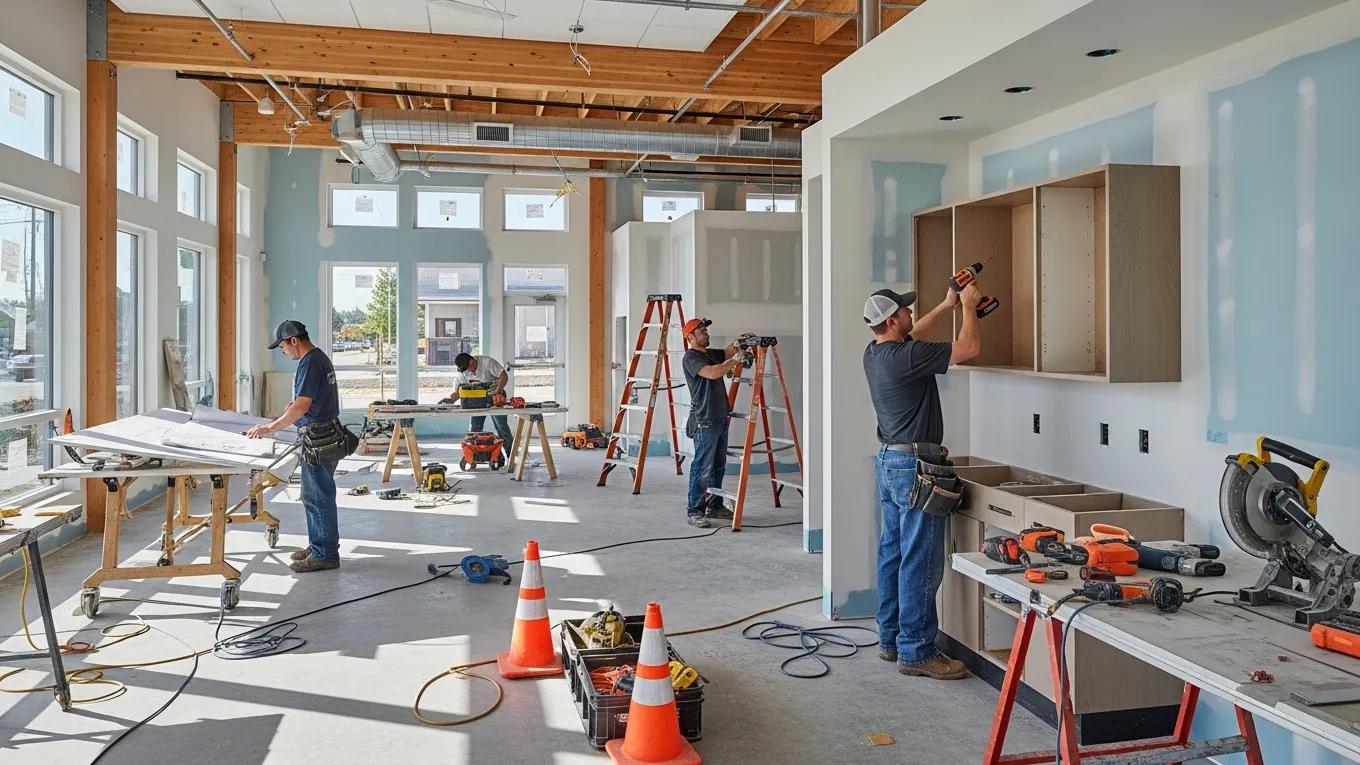 Modern dental office construction in Ontario with workers collaborating on design