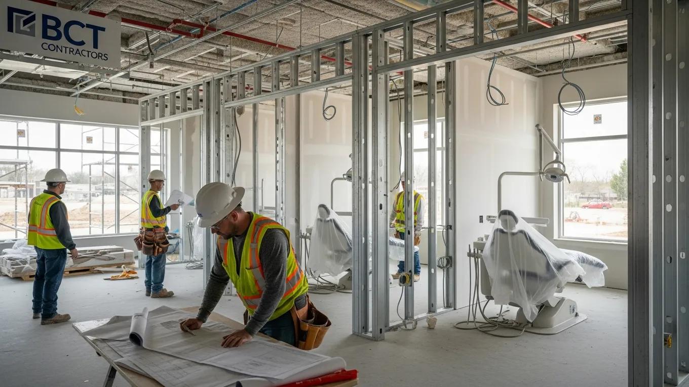 Modern dental office construction site in Ontario with workers and blueprints