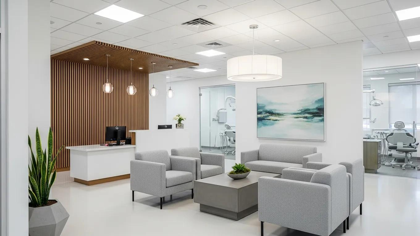 Modern dental office interior with welcoming reception area and contemporary design elements