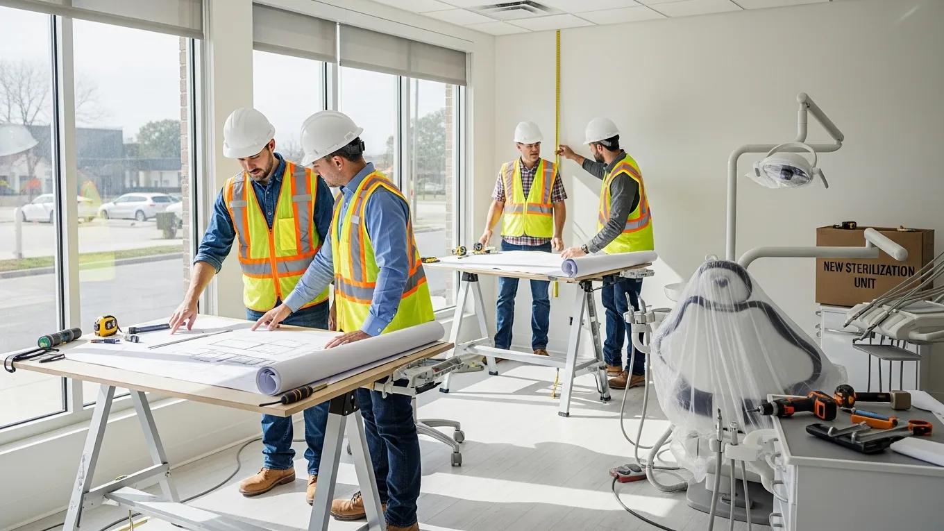 Modern dental office renovation with construction workers and dental equipment