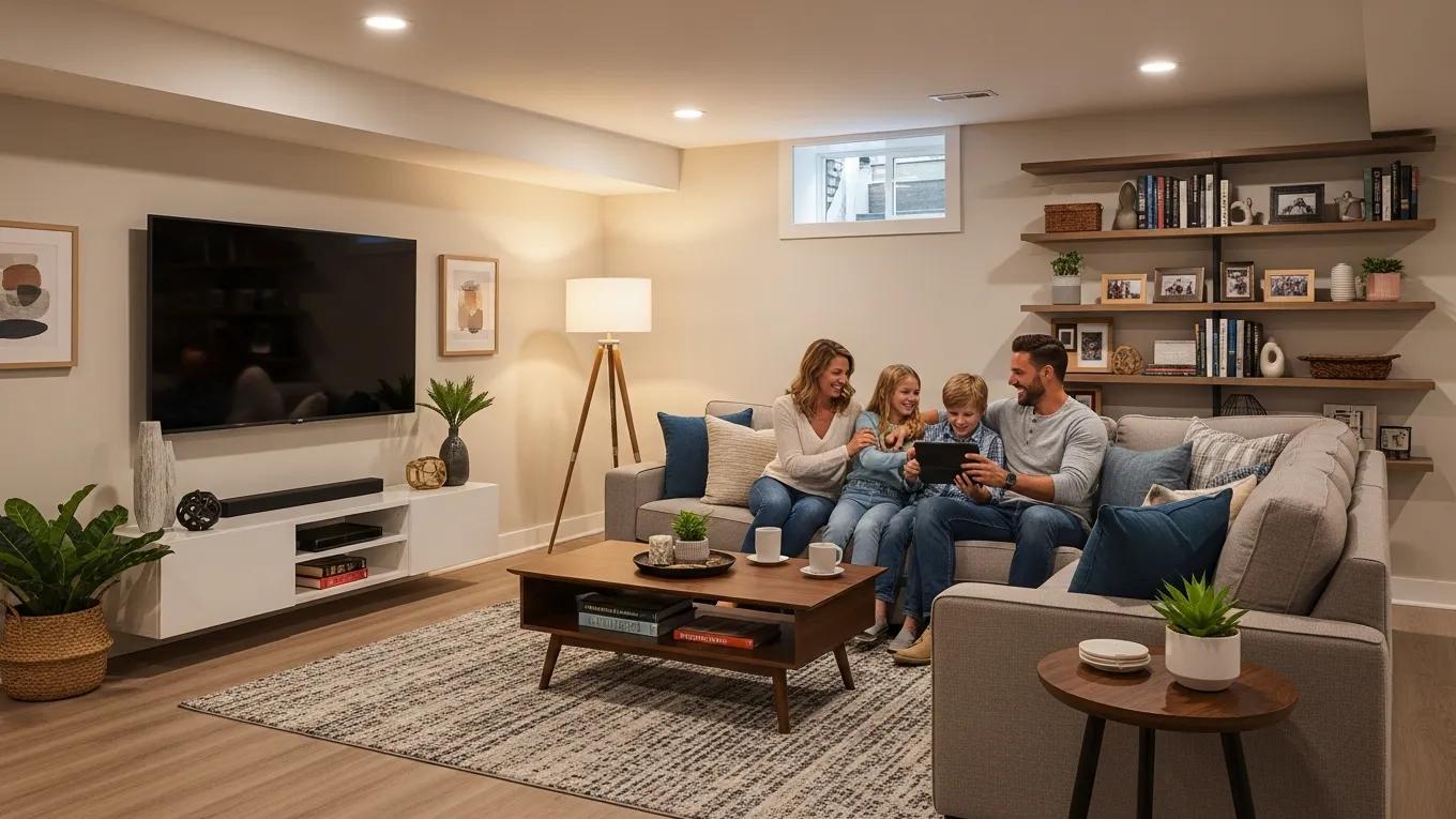 Modern finished basement with family enjoying the space