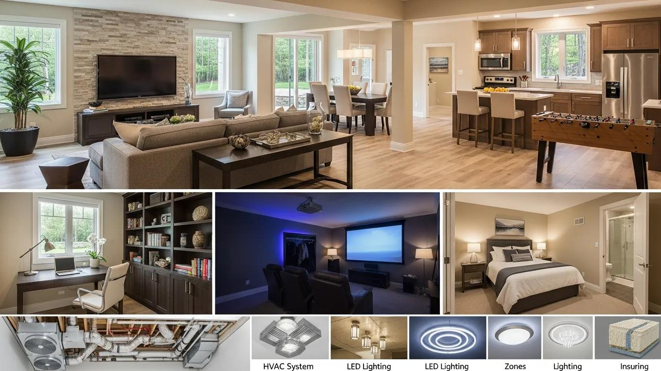 Popular basement design ideas in Ontario showcasing open layouts and multi-functional spaces