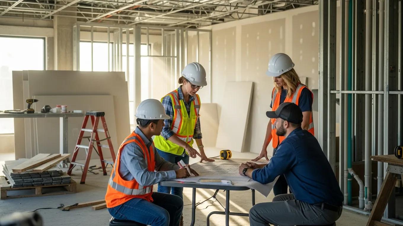 Project manager collaborating with team on dental office construction plans