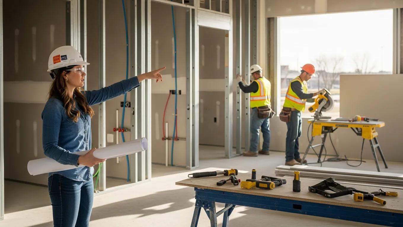 Project manager overseeing dental office construction site with blueprints