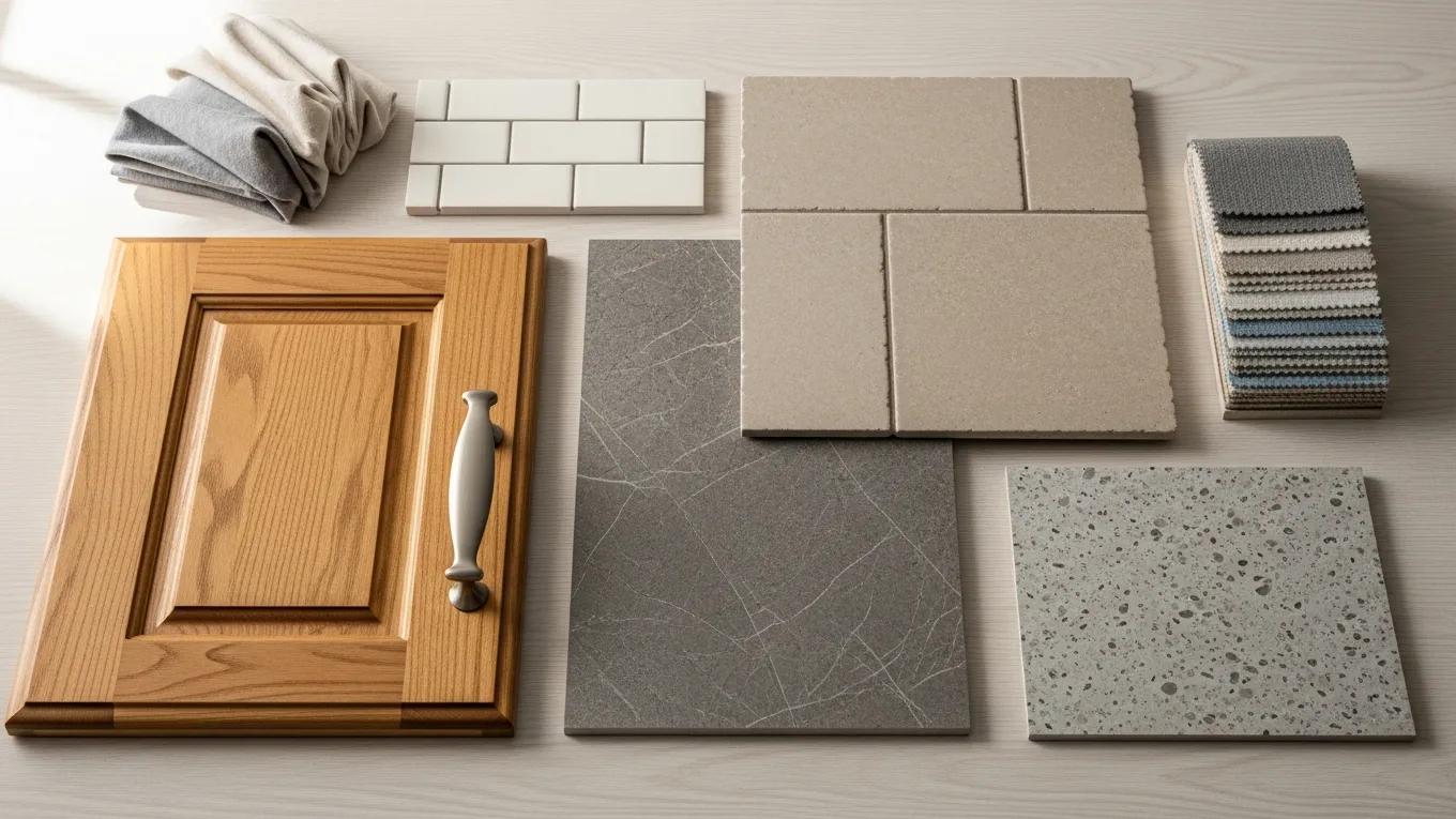 Variety of kitchen materials including cabinets and countertops for renovation