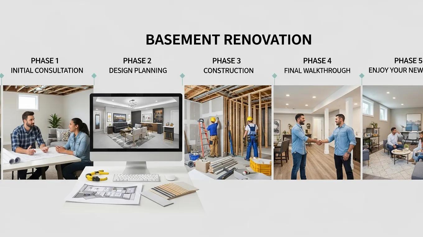 Visual timeline of the basement renovation process with key phases