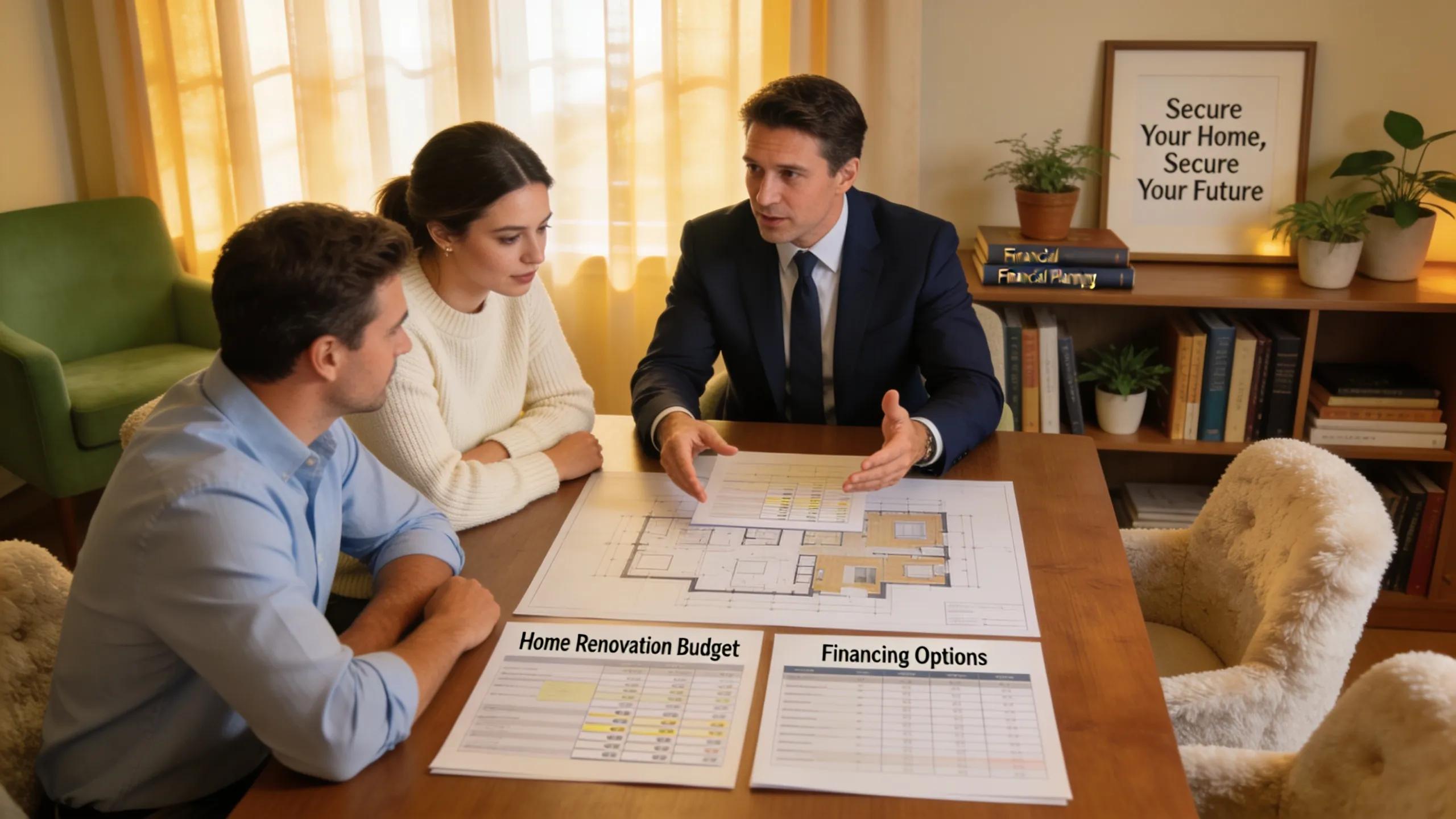 Couple discussing financing options with a financial advisor for home renovations, highlighting financial strategies in Vaughan