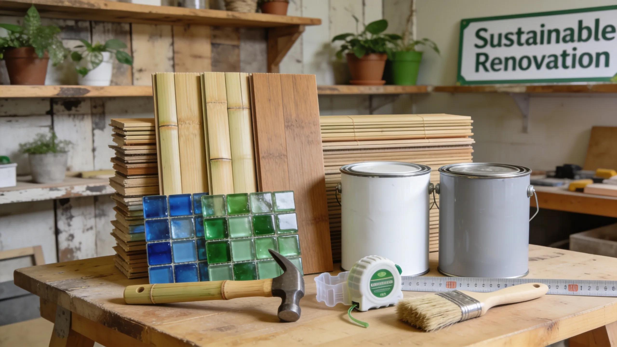 Eco-friendly renovation materials including bamboo flooring and recycled glass tiles