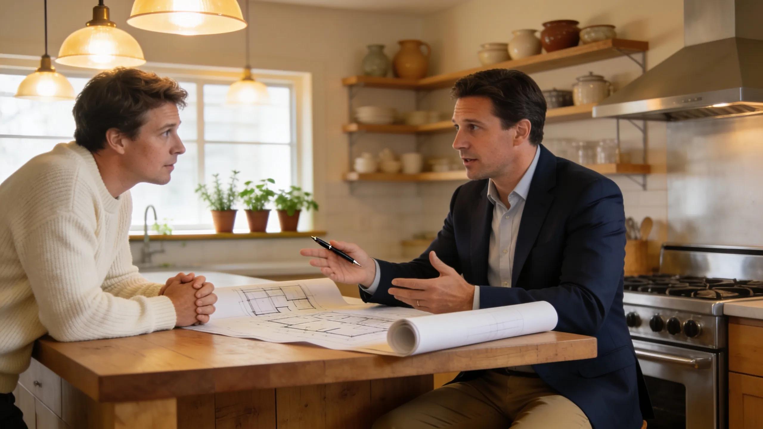Home renovation contractor discussing plans with homeowner in a kitchen setting