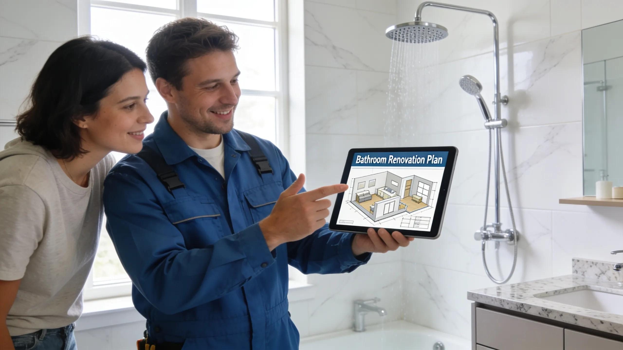 Contractor discussing renovation plans in a beautifully remodeled bathroom, emphasizing contractor services in Vaughan