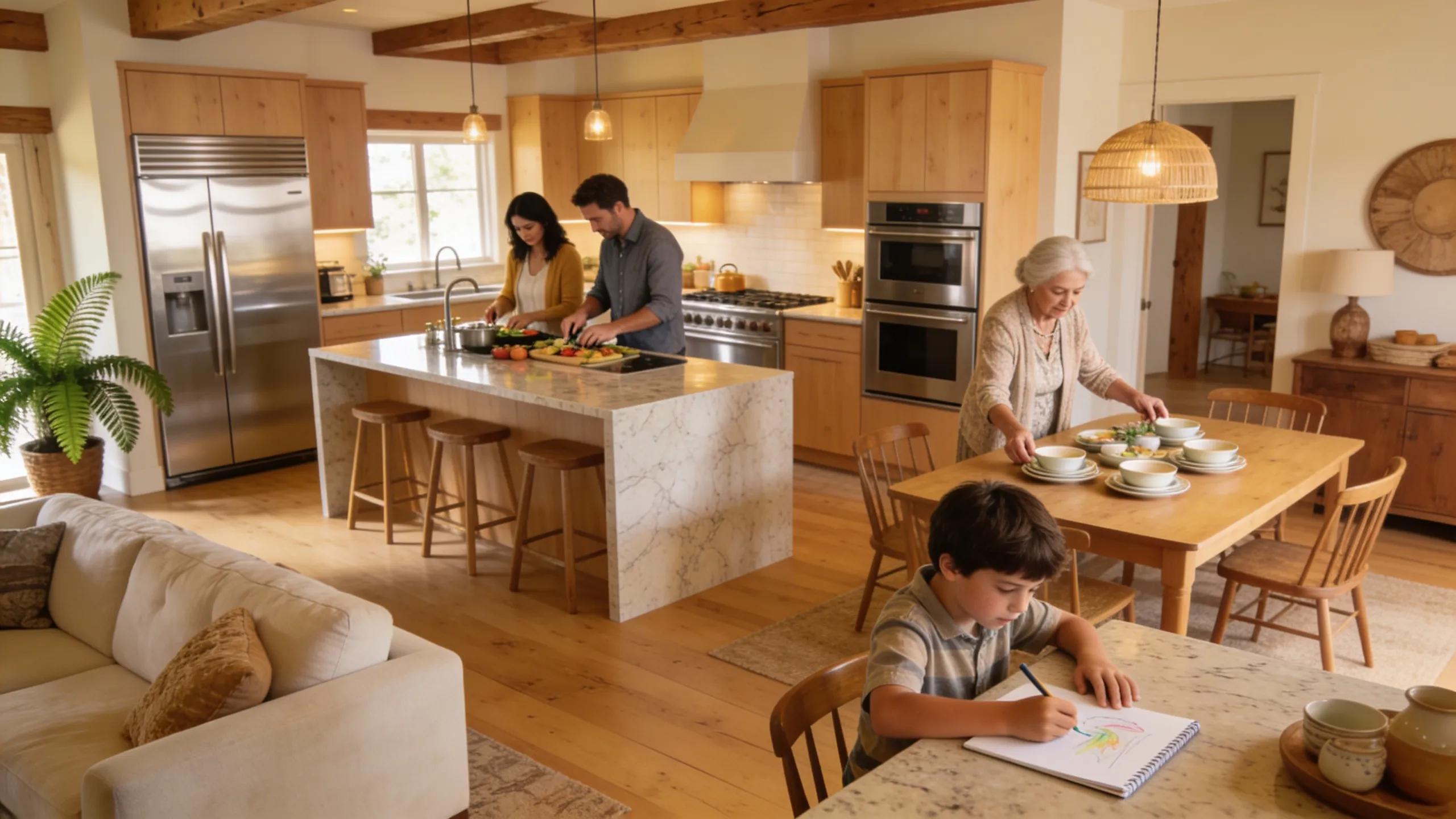 Renovated kitchen with family enjoying their new space, emphasizing home improvement and comfort
