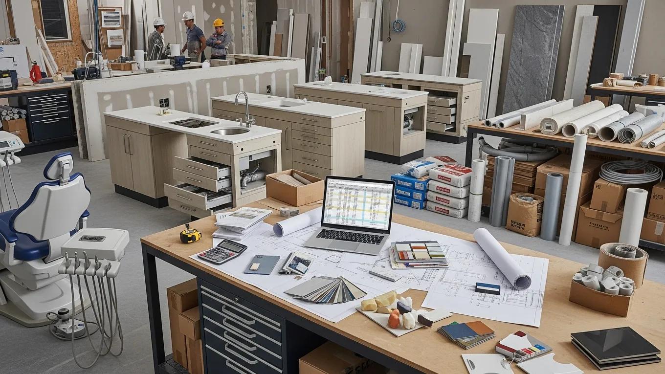 Construction materials for dental clinic including dental chairs and cabinetry for cost planning
