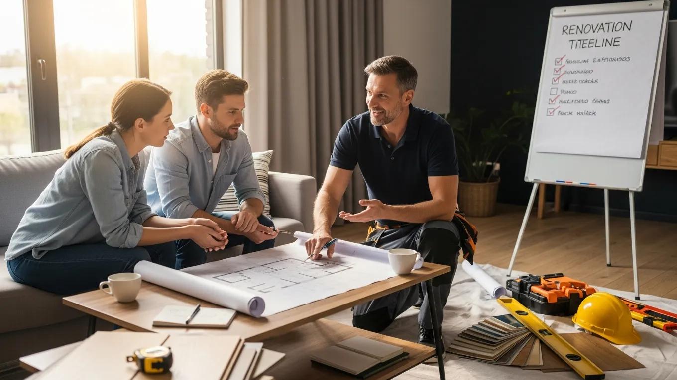 Contractor and homeowners discussing a detailed condo renovation plan in a modern living area