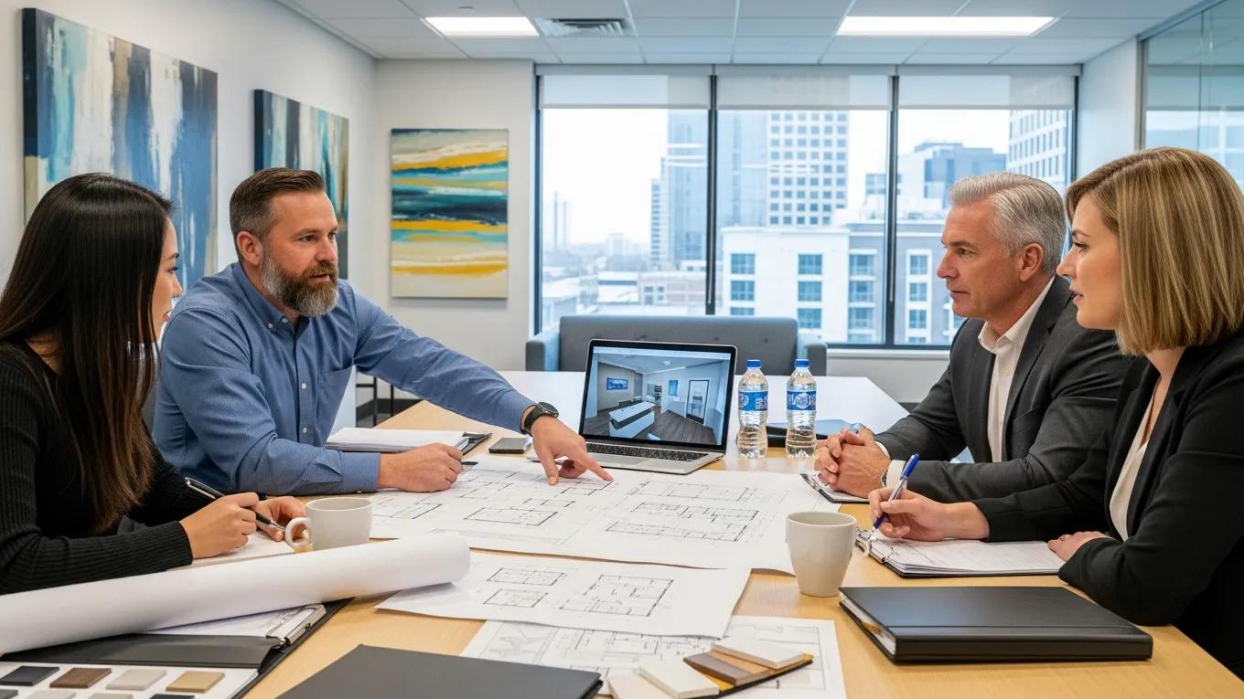 Contractor discussing dental clinic project plans with clients in office setting