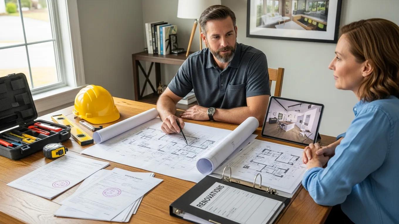 Contractor explaining building permits and renovation plans to homeowner