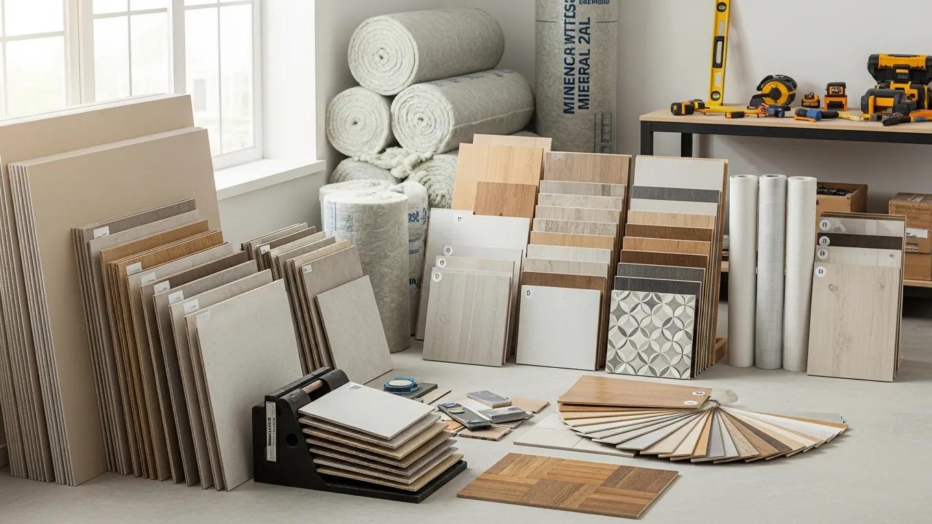 Different renovation materials including drywall and flooring options displayed in a creative workspace