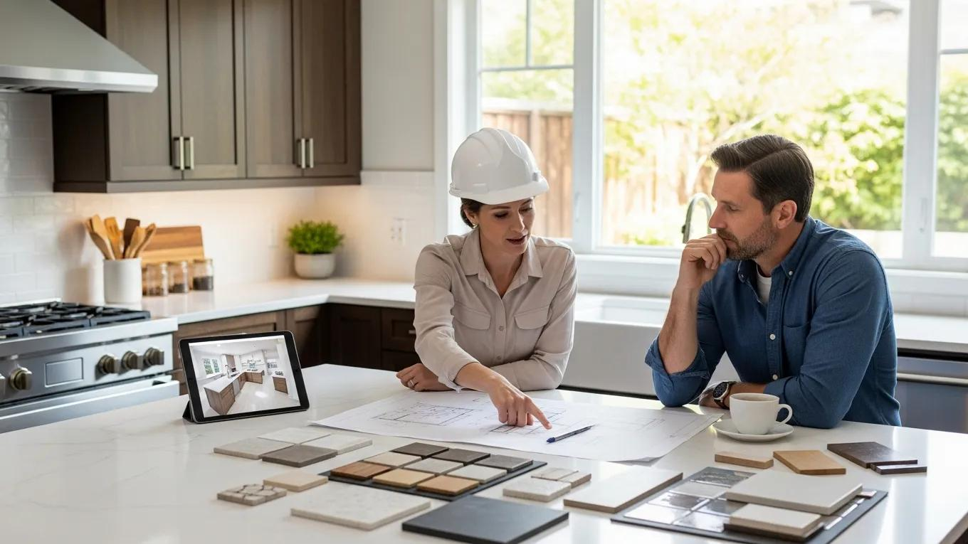Homeowner consulting with contractor for kitchen remodel emphasizing selection process