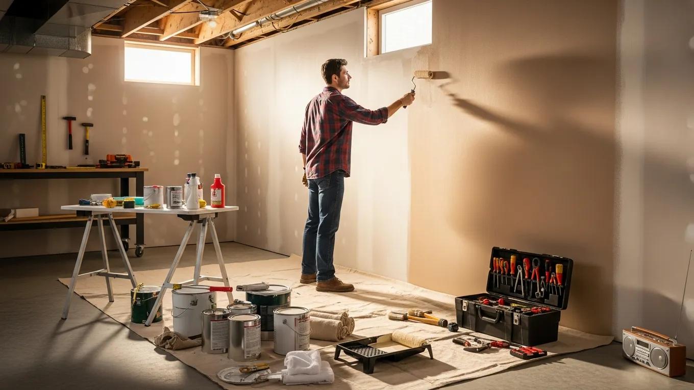 Homeowner painting a basement wall with tools and supplies for DIY project