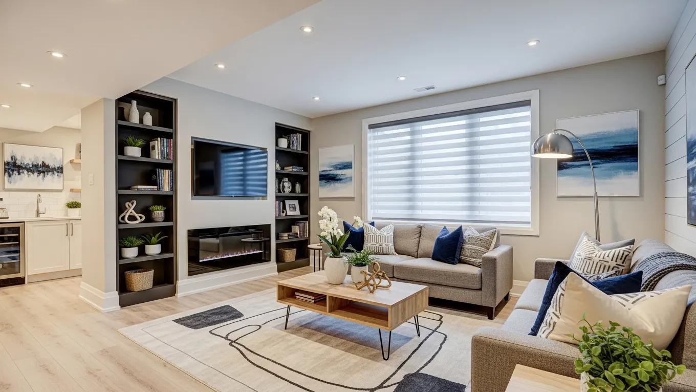 Modern basement renovation in Toronto showcasing comfy living space and stylish decor