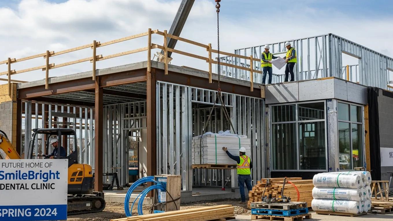 Modern dental clinic under construction in Ontario showing workers and building materials