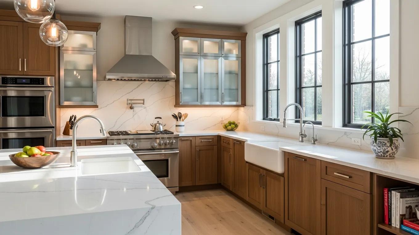 Modern kitchen showcasing renovation costs with quartz countertops and custom cabinetry