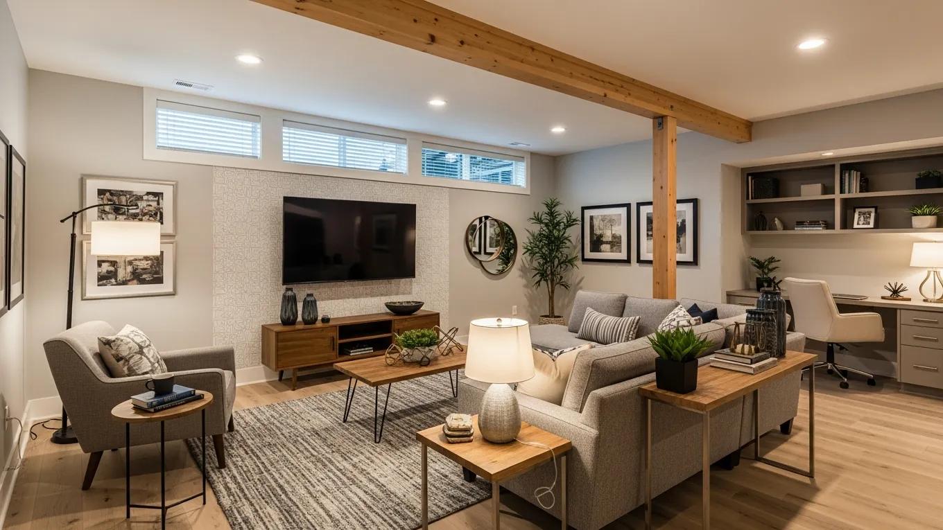 Modern renovated basement interior with stylish furniture and warm lighting