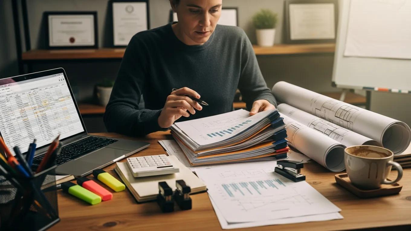 Person reviewing budgeting documents and plans for dental office construction