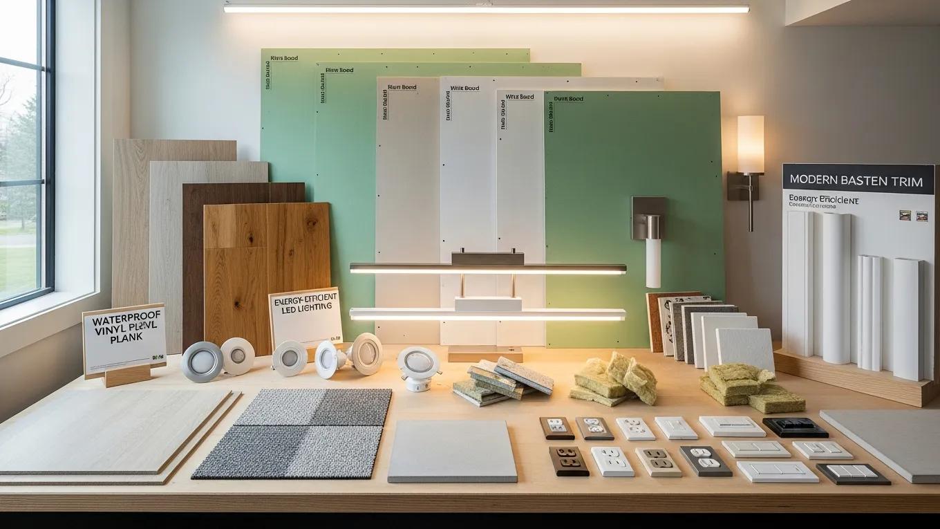Selection of building materials for basement renovations including flooring and drywall samples
